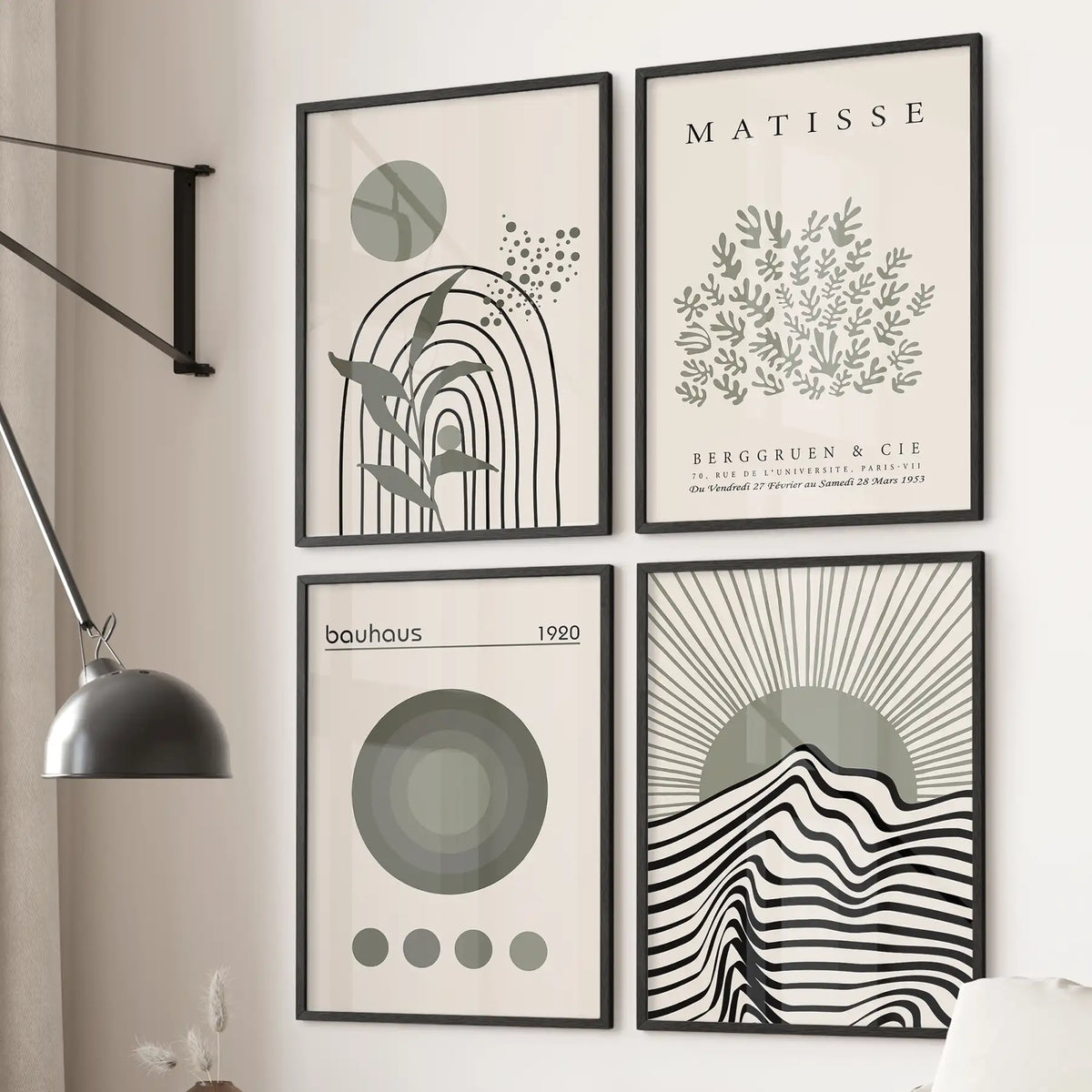 Modern Sage Green Wall Art. Set of 4 Bauhaus and Matisse-Inspired Prints