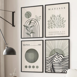 Modern Sage Green Wall Art. Set of 4 Bauhaus and Matisse-Inspired Prints