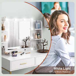 Dressing Table With Lighted Mirror, Cushioned Stool, Drawers, Shelves, LED Makeup Vanity Desk Set, Modern Dresser Vanity Table For Bedroom, White