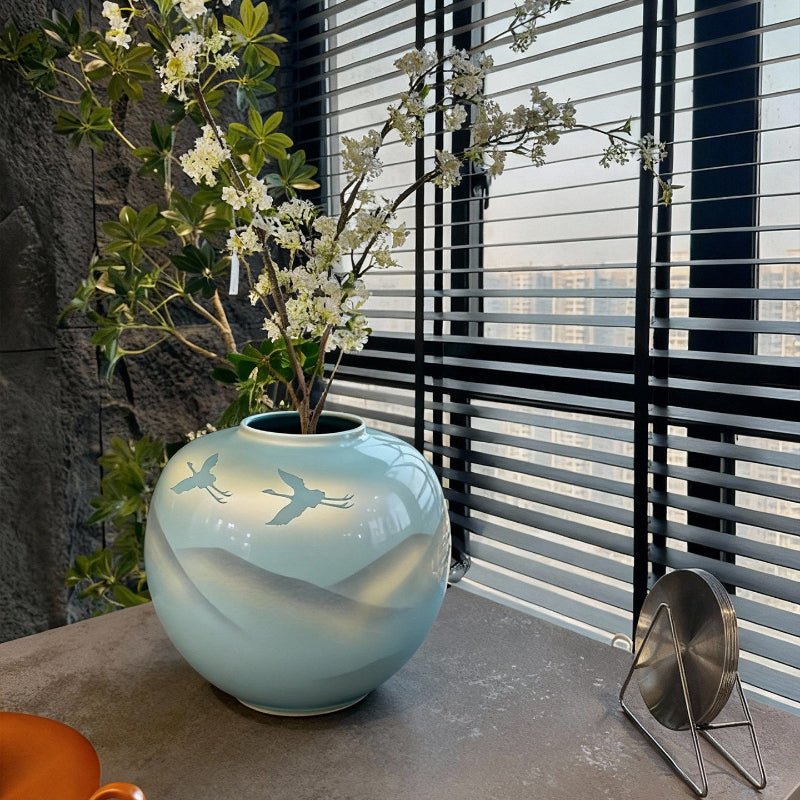 Modern Chinese Ceramic Vase with a Landscape Painting Motif Featuring a Blue Round Flower Vessel
