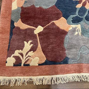 Modern Tibetan Rug 5.7 x 7.9, Abstract Multicolor Flower Pattern, Navy Blue Maroon Salmon, Soft Wool, Hand Knotted Contemporary Carpet 6x8
