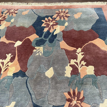 Modern Tibetan Rug 5.7 x 7.9, Abstract Multicolor Flower Pattern, Navy Blue Maroon Salmon, Soft Wool, Hand Knotted Contemporary Carpet 6x8