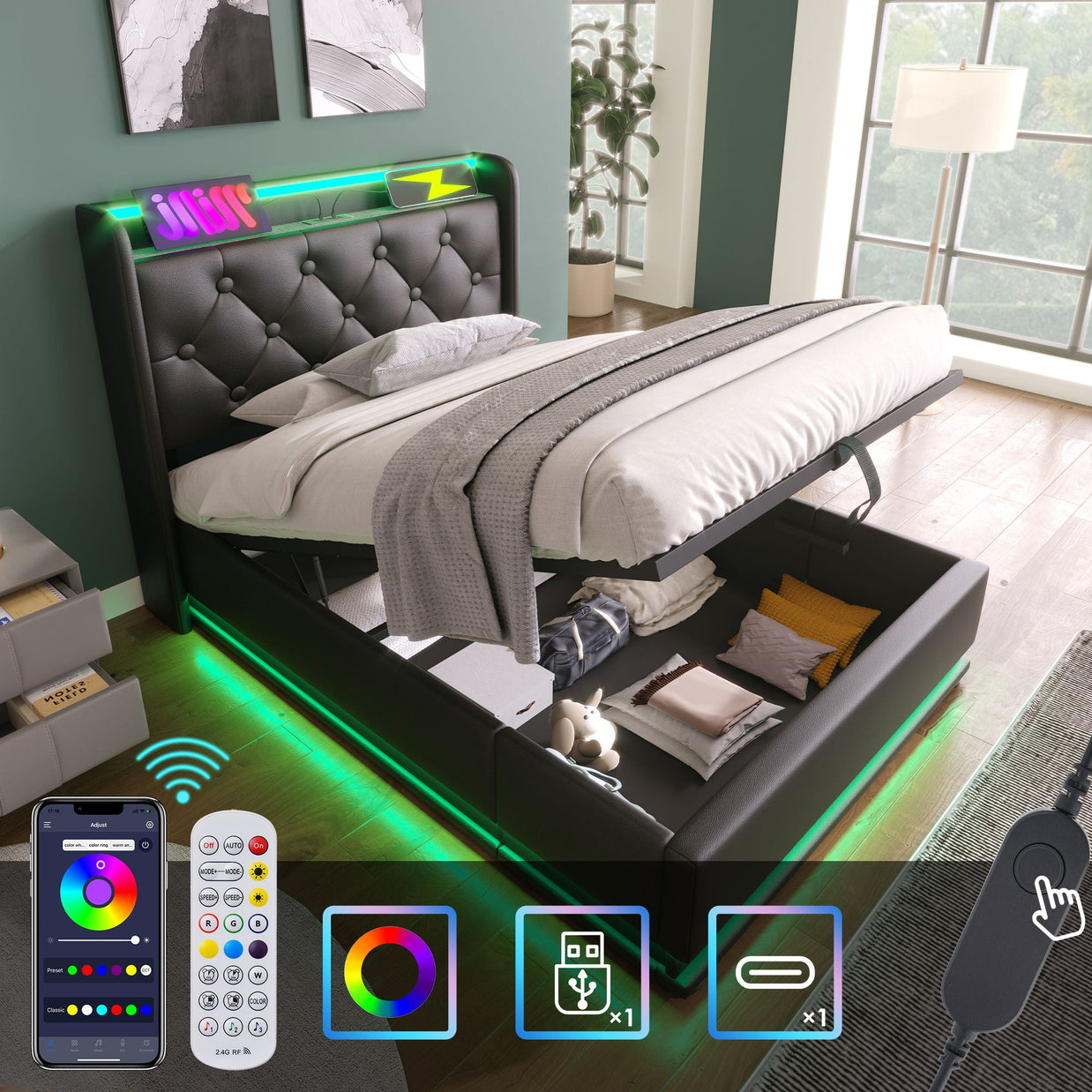 Upholstered Bed, 360 Surround LED Function, Remote Control, Hydraulic Storage Bed With USB, Type-C Charging (Without Mattress)
