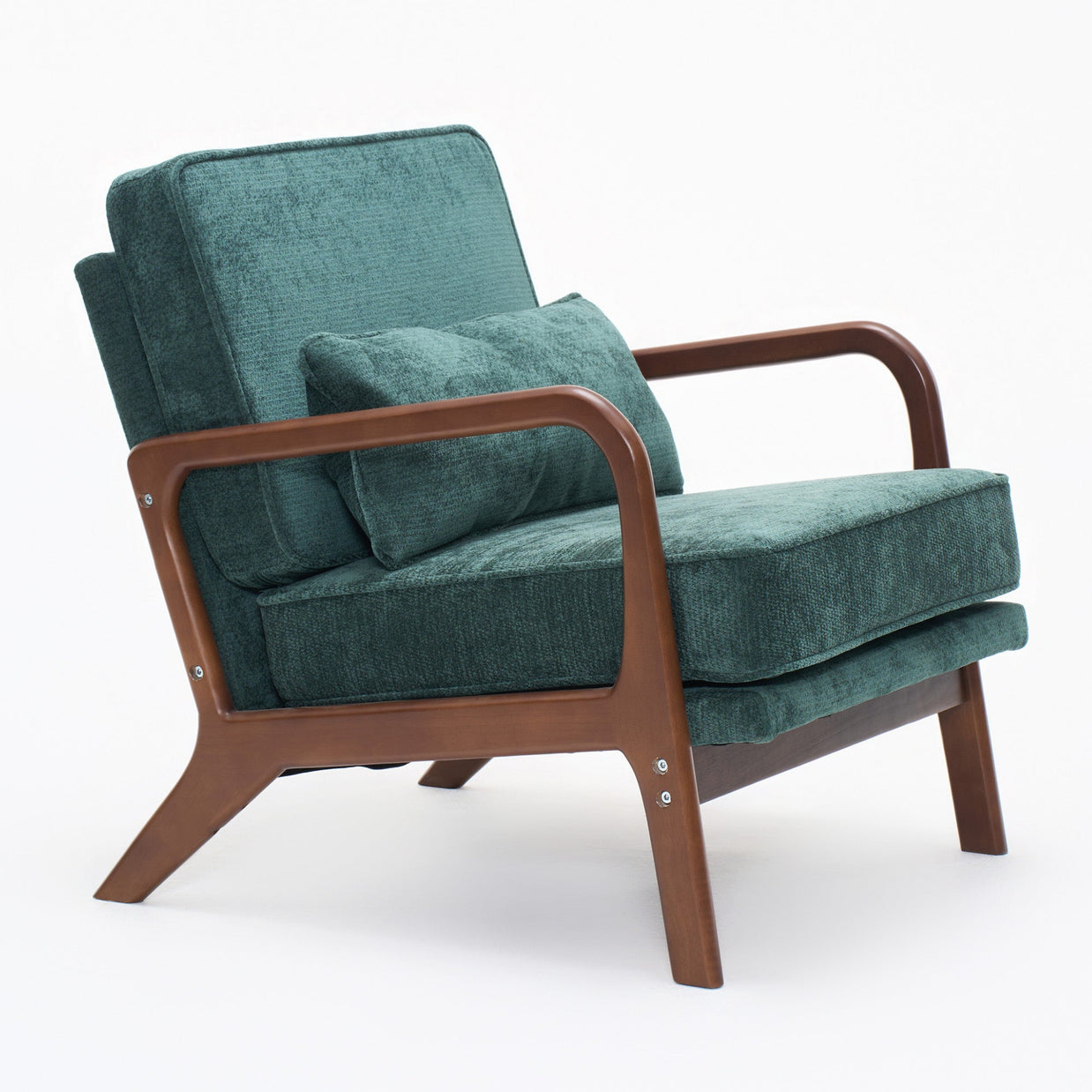 Accent Chair Mid-Century Lounge Dark Green Lumbar Cushion Wood Arms 26x29x30 In