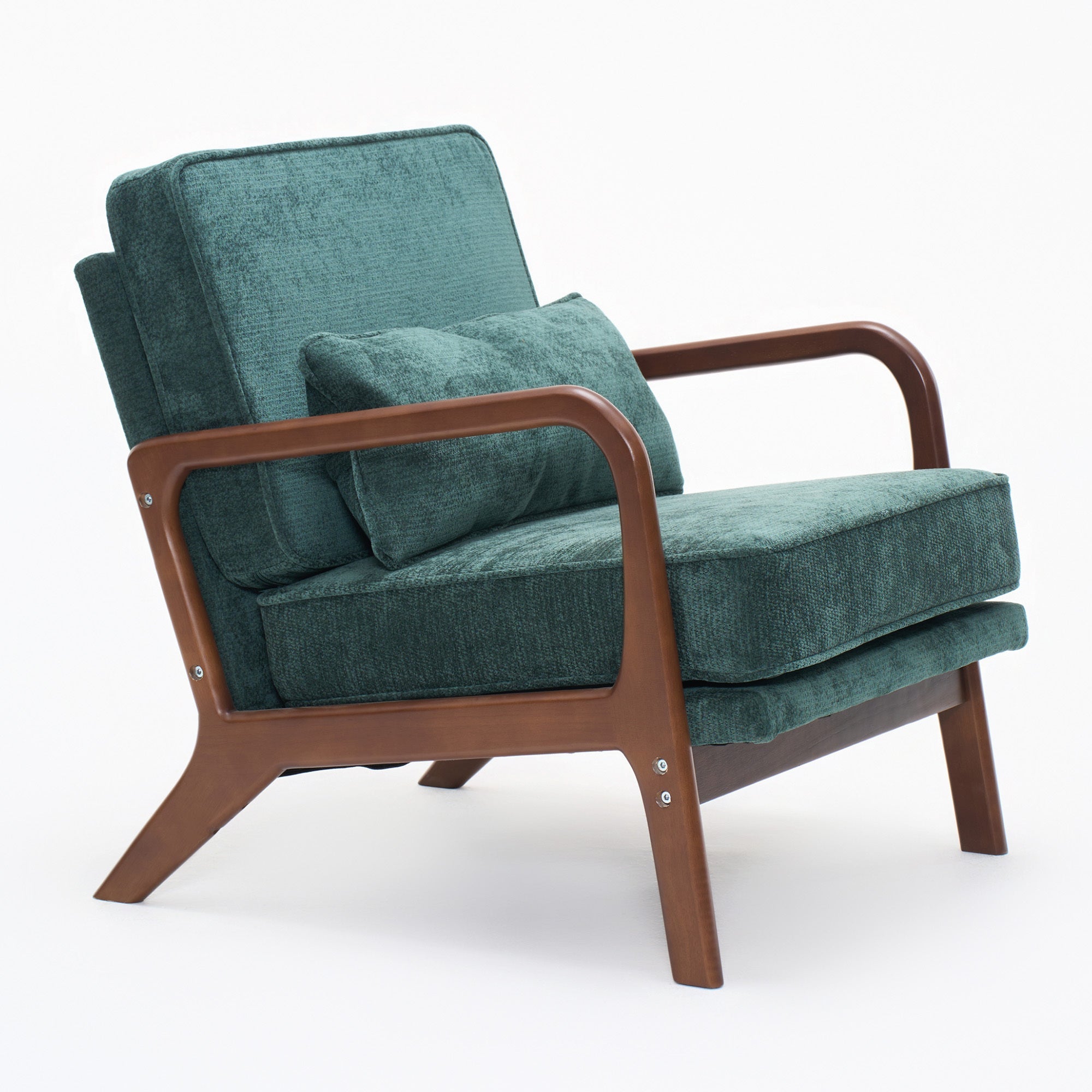 Accent Chair Mid-Century Lounge Dark Green Lumbar Cushion Wood Arms 26x29x30 In