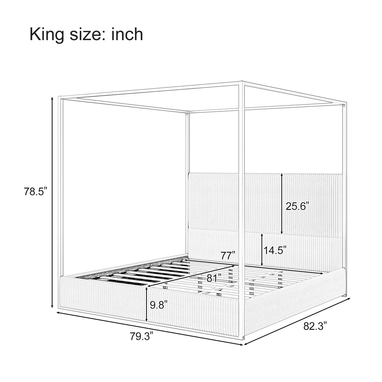 Modern Luxury Metal Canopy Bed with Tall Corduroy Upholstered Headboard