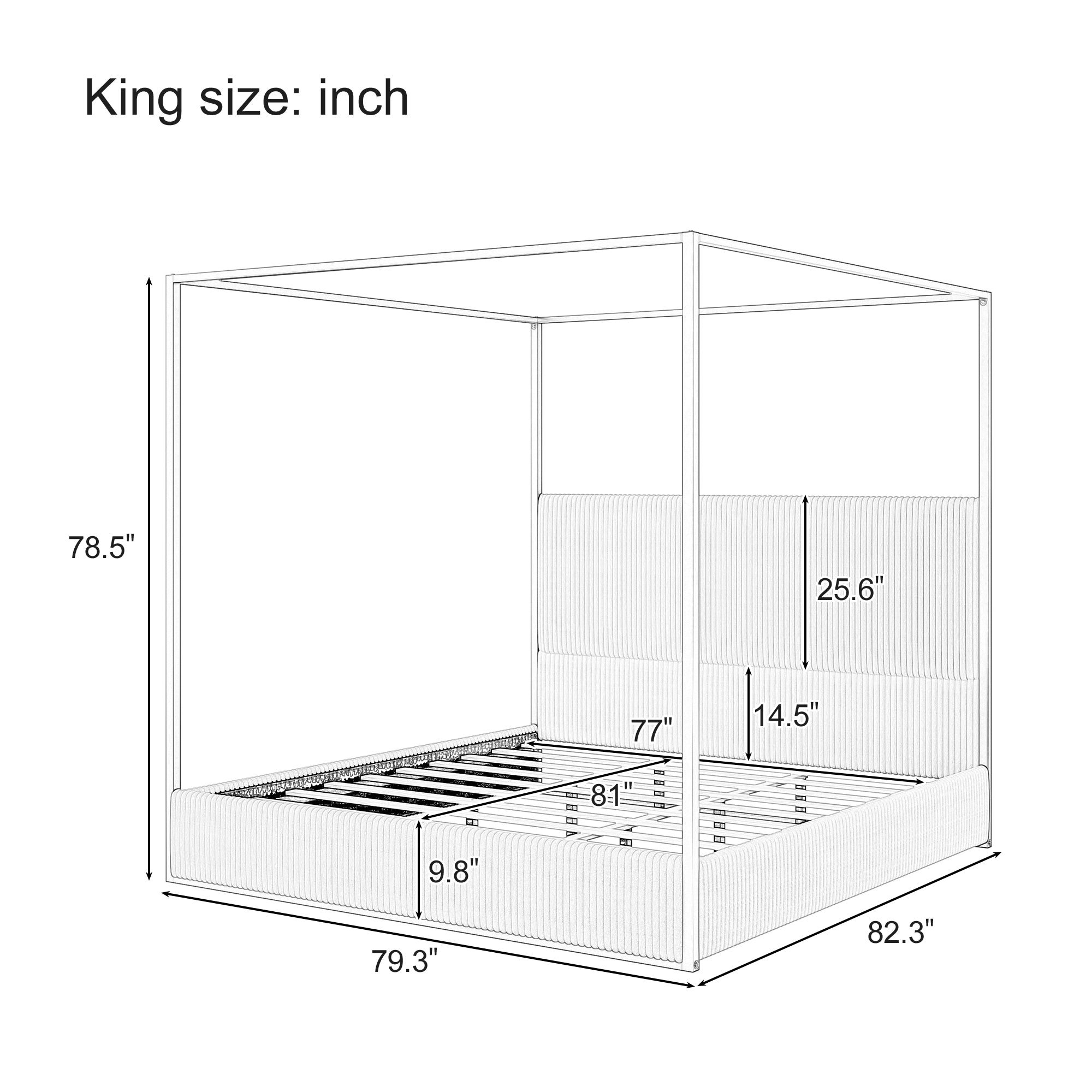 Modern Luxury Metal Canopy Bed with Tall Corduroy Upholstered Headboard
