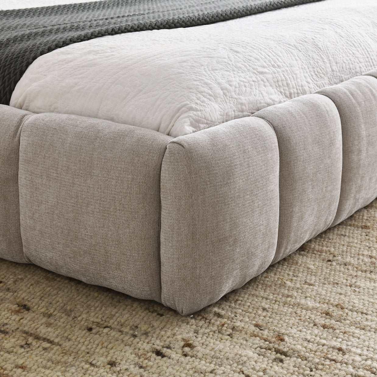 Modern Queen Size Upholstered Bed Frame with Headboard, Thick Chenille Fabric, Beige