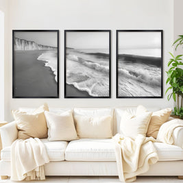 Coastal Wall Art – Black and White Ocean Waves and Cliffs
