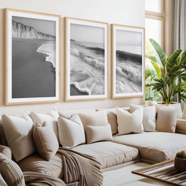 Coastal Wall Art – Black and White Ocean Waves and Cliffs