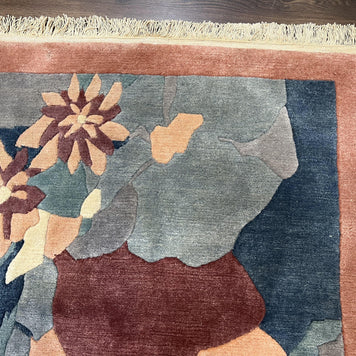 Modern Tibetan Rug 5.7 x 7.9, Abstract Multicolor Flower Pattern, Navy Blue Maroon Salmon, Soft Wool, Hand Knotted Contemporary Carpet 6x8