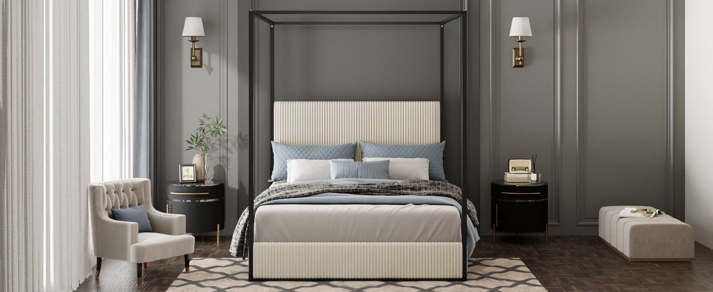 Modern Luxury Metal Canopy Bed with Tall Corduroy Upholstered Headboard