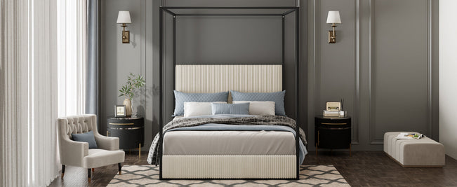 Modern Luxury Metal Canopy Bed with Tall Corduroy Upholstered Headboard