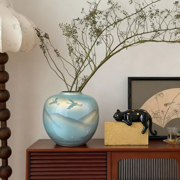 Modern Chinese Ceramic Vase with a Landscape Painting Motif Featuring a Blue Round Flower Vessel
