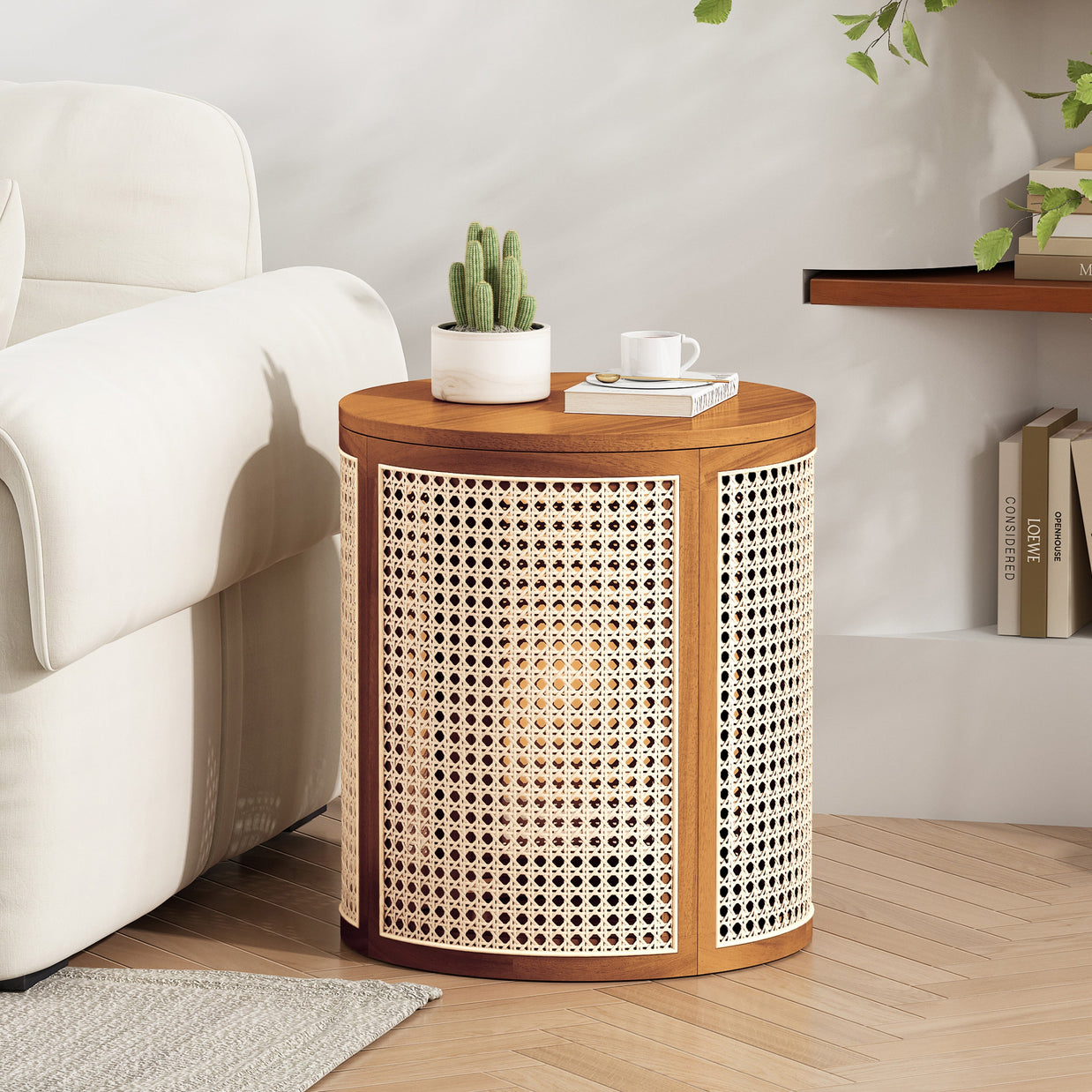 15.70' Round End Table, Hollow Woven Side Table, Small Rubber Wood Nightstand,