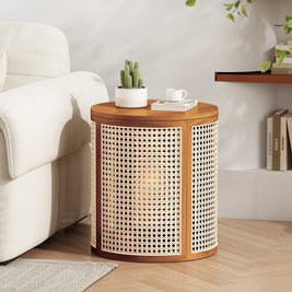 15.70' Round End Table, Hollow Woven Side Table, Small Rubber Wood Nightstand,