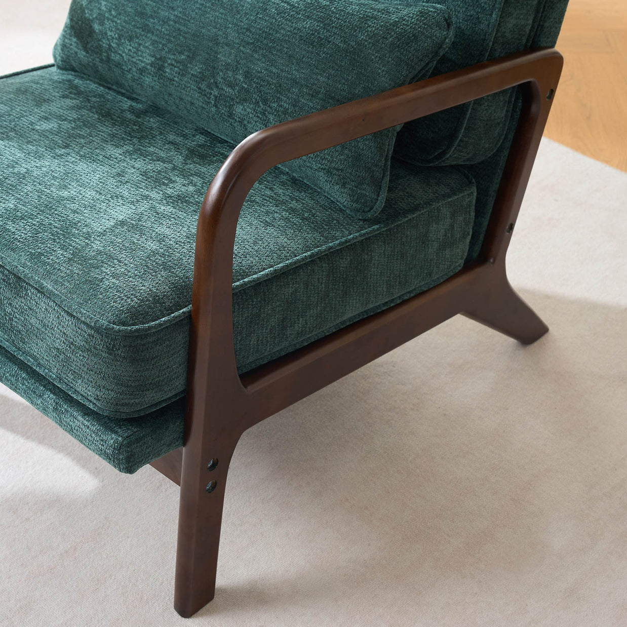 Accent Chair Mid-Century Lounge Dark Green Lumbar Cushion Wood Arms 26x29x30 In