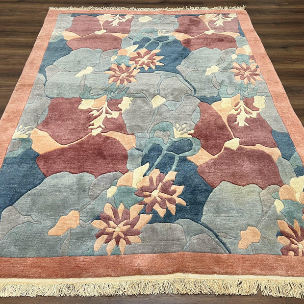 Modern Tibetan Rug 5.7 x 7.9, Abstract Multicolor Flower Pattern, Navy Blue Maroon Salmon, Soft Wool, Hand Knotted Contemporary Carpet 6x8