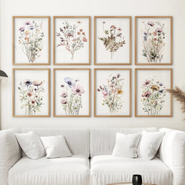 Watercolor Wildflower Gallery Wall. 8 Piece Botanical Print Set for Living Room