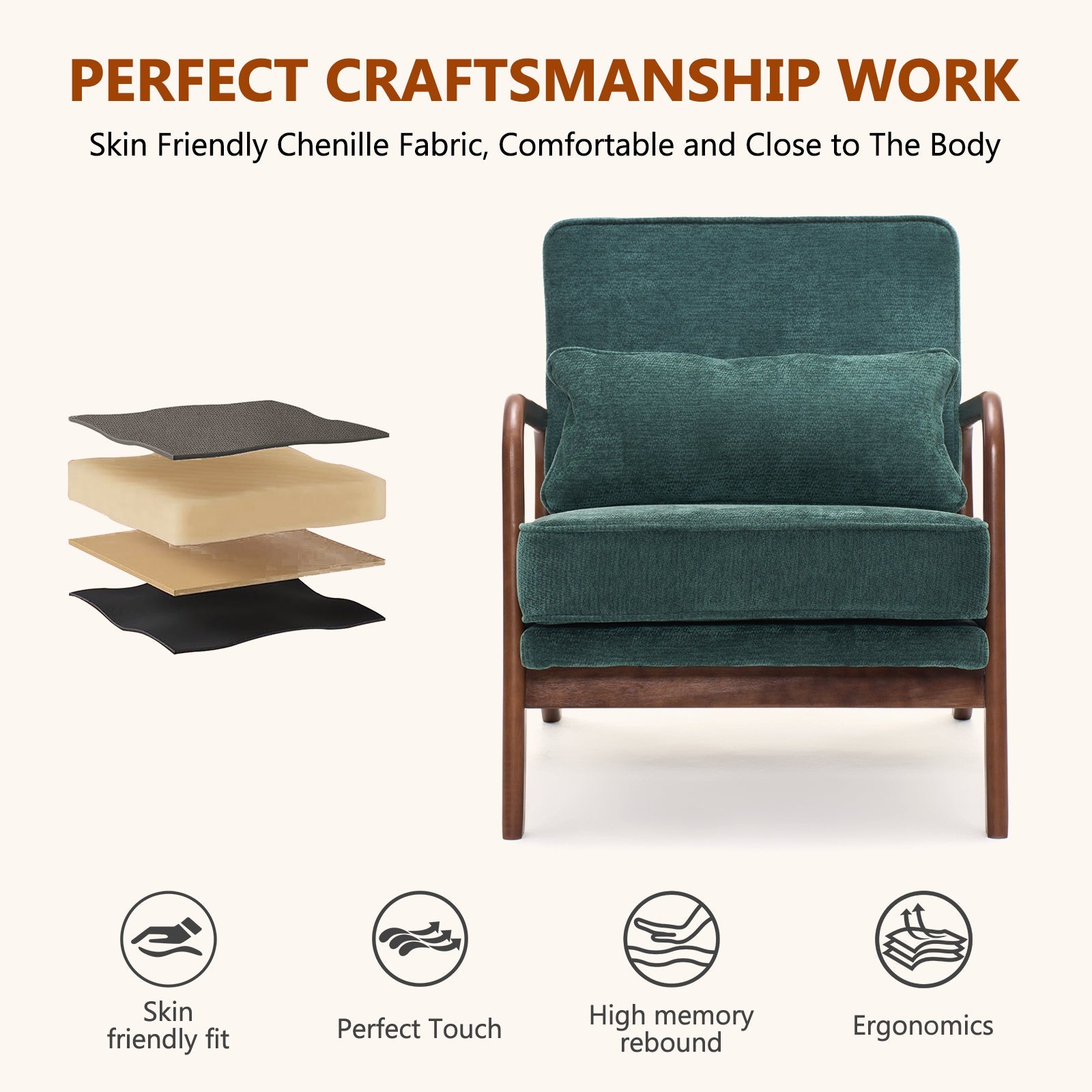 Accent Chair Mid-Century Lounge Dark Green Lumbar Cushion Wood Arms 26x29x30 In