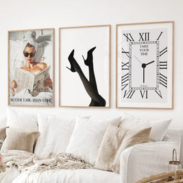 Elegant Glam Wall Art: Fashion Girl, Heels. Set of 3 Prints