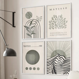 Modern Sage Green Wall Art. Set of 4 Bauhaus and Matisse-Inspired Prints