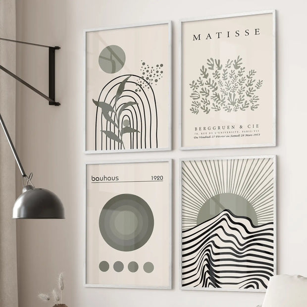 Modern Sage Green Wall Art. Set of 4 Bauhaus and Matisse-Inspired Prints