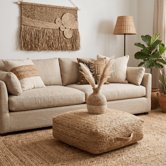 Modern Style Hand Braided Gold Jute Square Pouf
