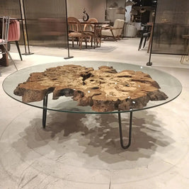Olive Wood Rustic Coffee Table Featured Glass On Top