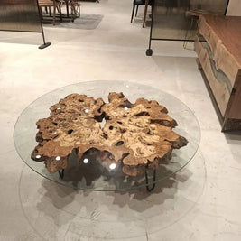 Olive Wood Rustic Coffee Table Featured Glass On Top