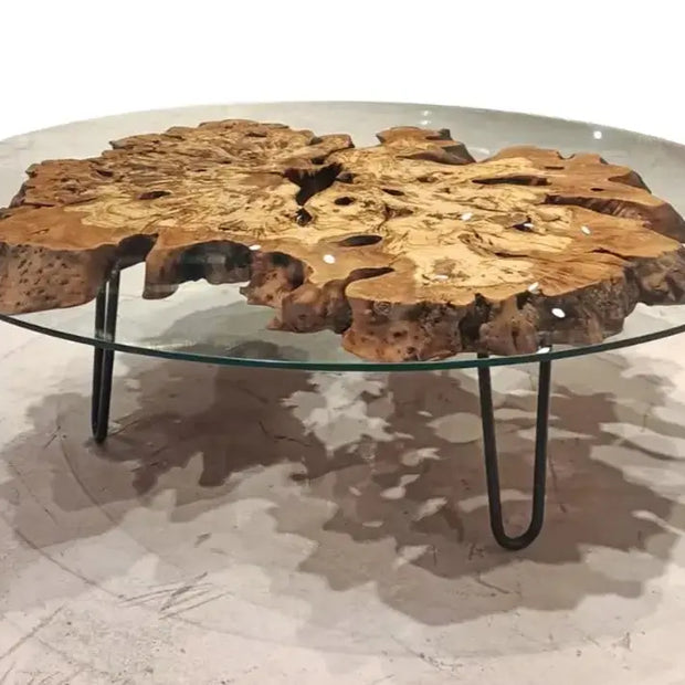 Olive Wood Rustic Coffee Table Featured Glass On Top