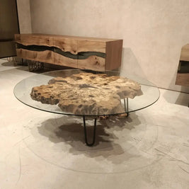 Olive Wood Rustic Coffee Table Featured Glass On Top
