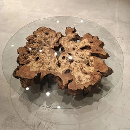 Olive Wood Rustic Coffee Table Featured Glass On Top