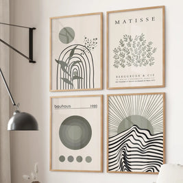 Modern Sage Green Wall Art. Set of 4 Bauhaus and Matisse-Inspired Prints