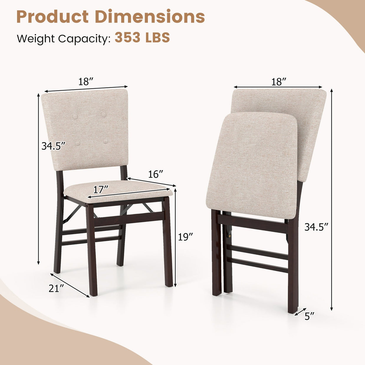 Foldable Dining Chair Set of 4 Armless Kitchen Chair with Padded Seat and Tilt Backrest