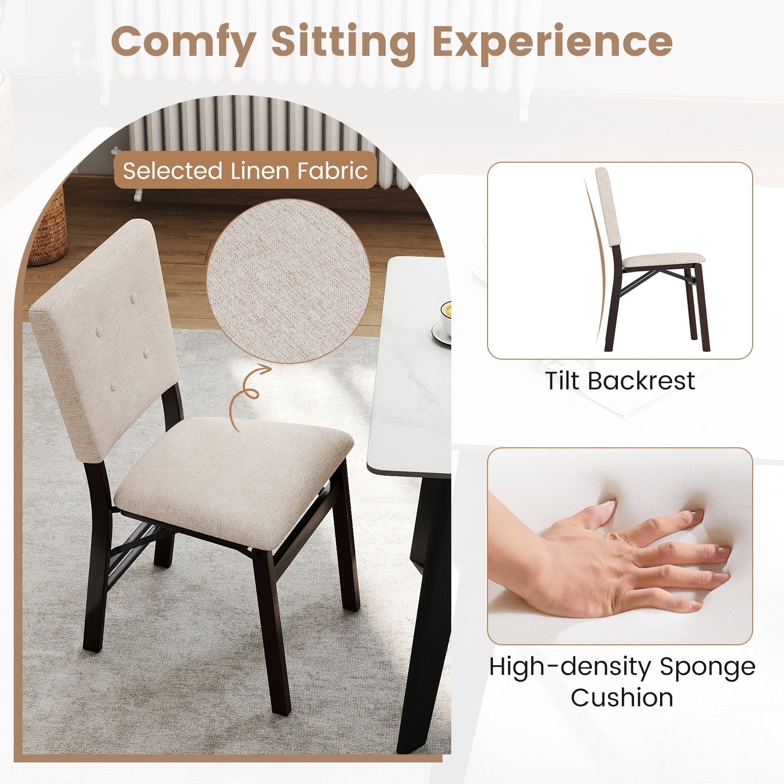 Foldable Dining Chair Set of 4 Armless Kitchen Chair with Padded Seat and Tilt Backrest