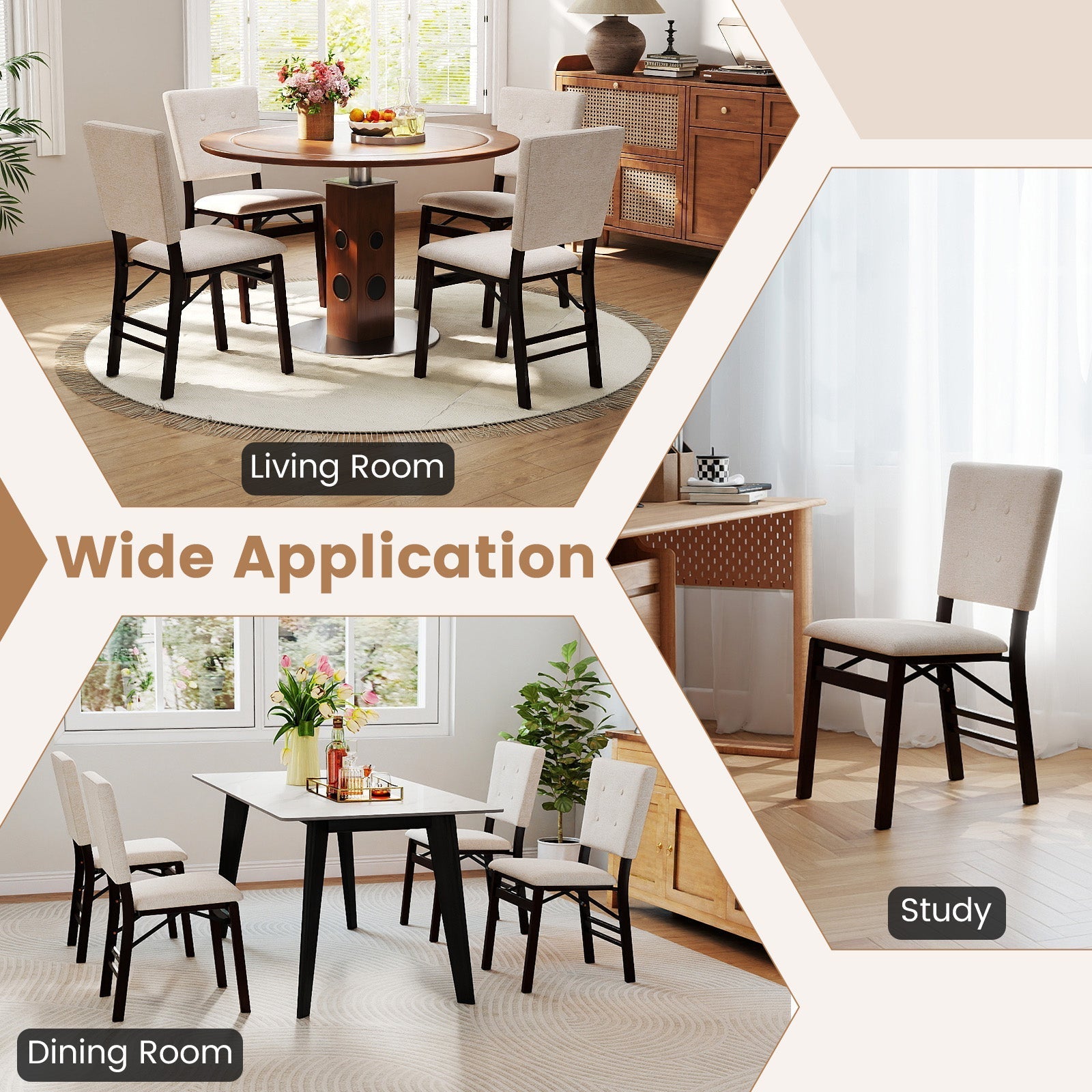 Foldable Dining Chair Set of 4 Armless Kitchen Chair with Padded Seat and Tilt Backrest