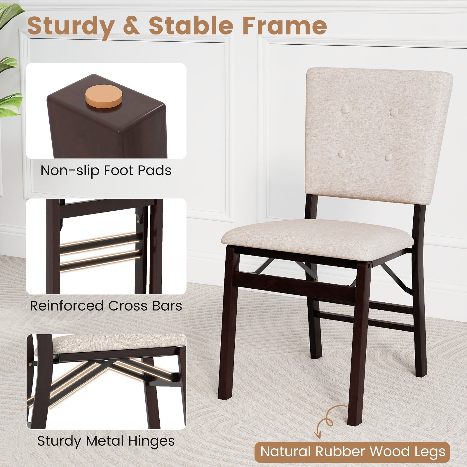 Foldable Dining Chair Set of 4 Armless Kitchen Chair with Padded Seat and Tilt Backrest