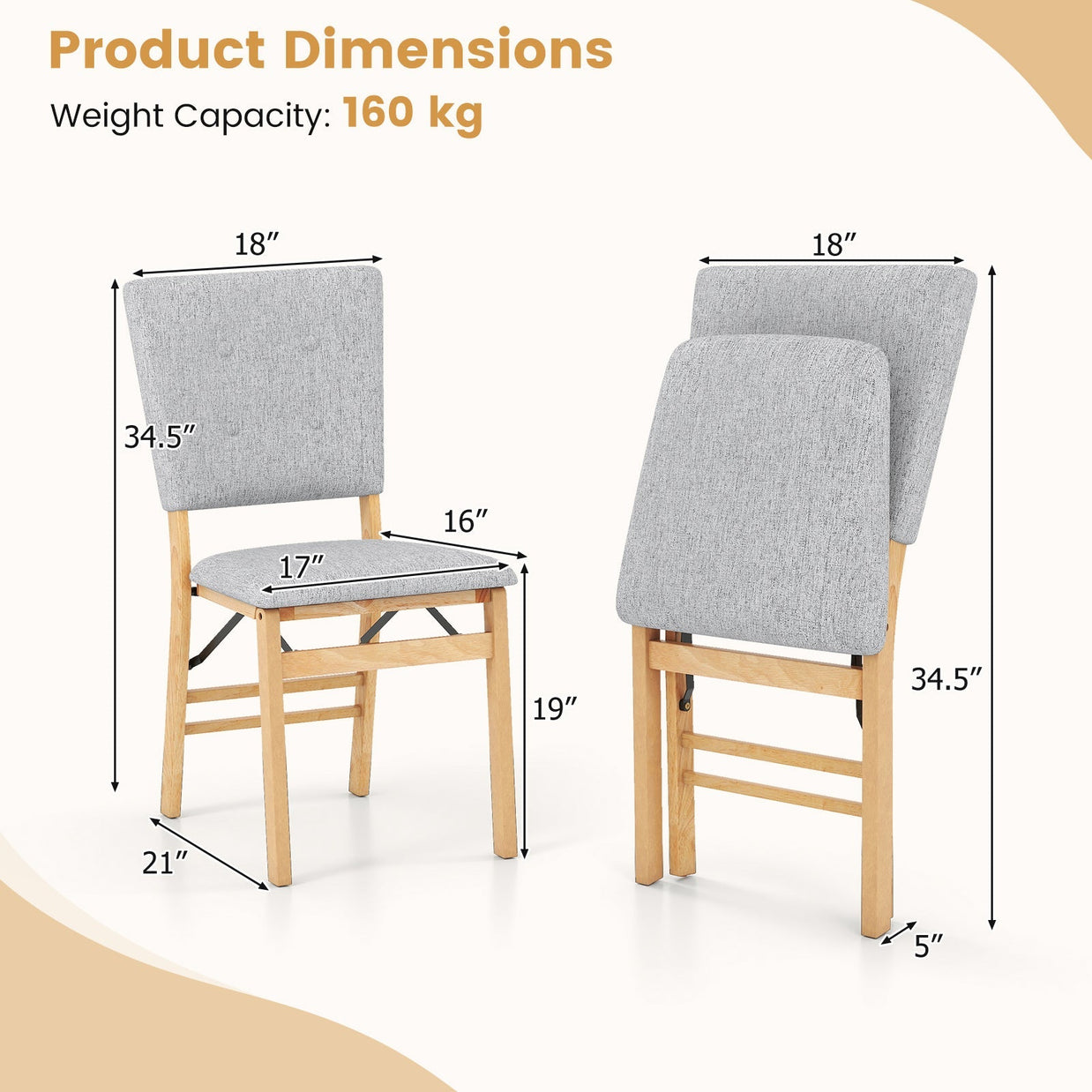 Foldable Dining Chair Set of 4 Armless Kitchen Chair with Padded Seat and Tilt Backrest