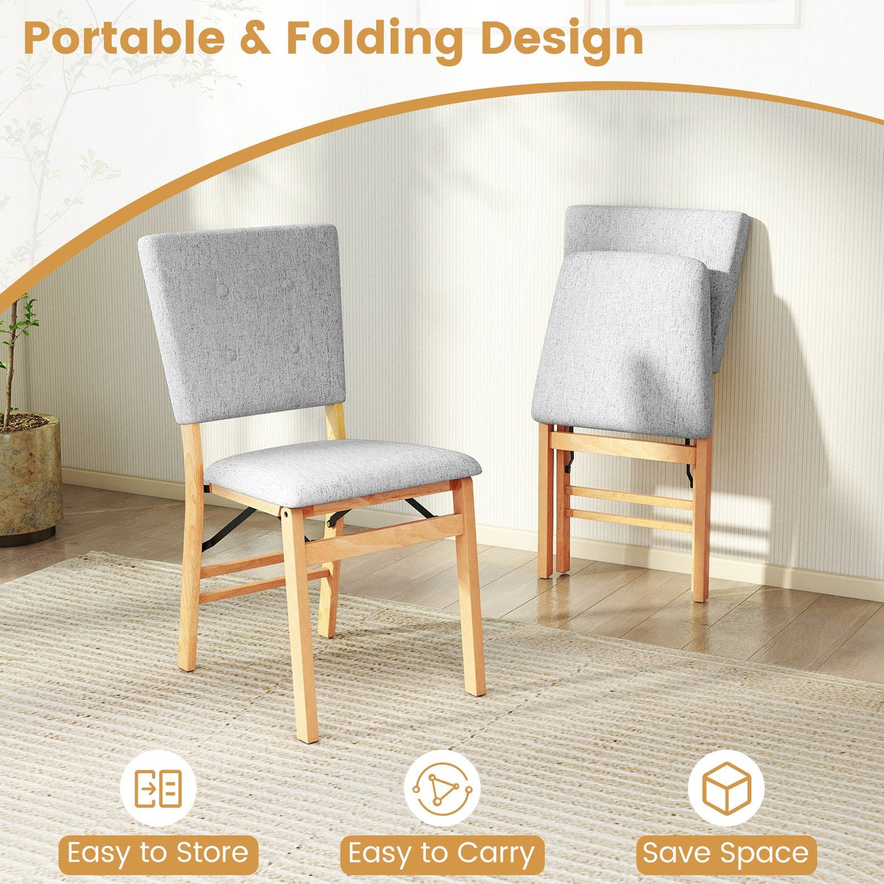 Foldable Dining Chair Set of 4 Armless Kitchen Chair with Padded Seat and Tilt Backrest