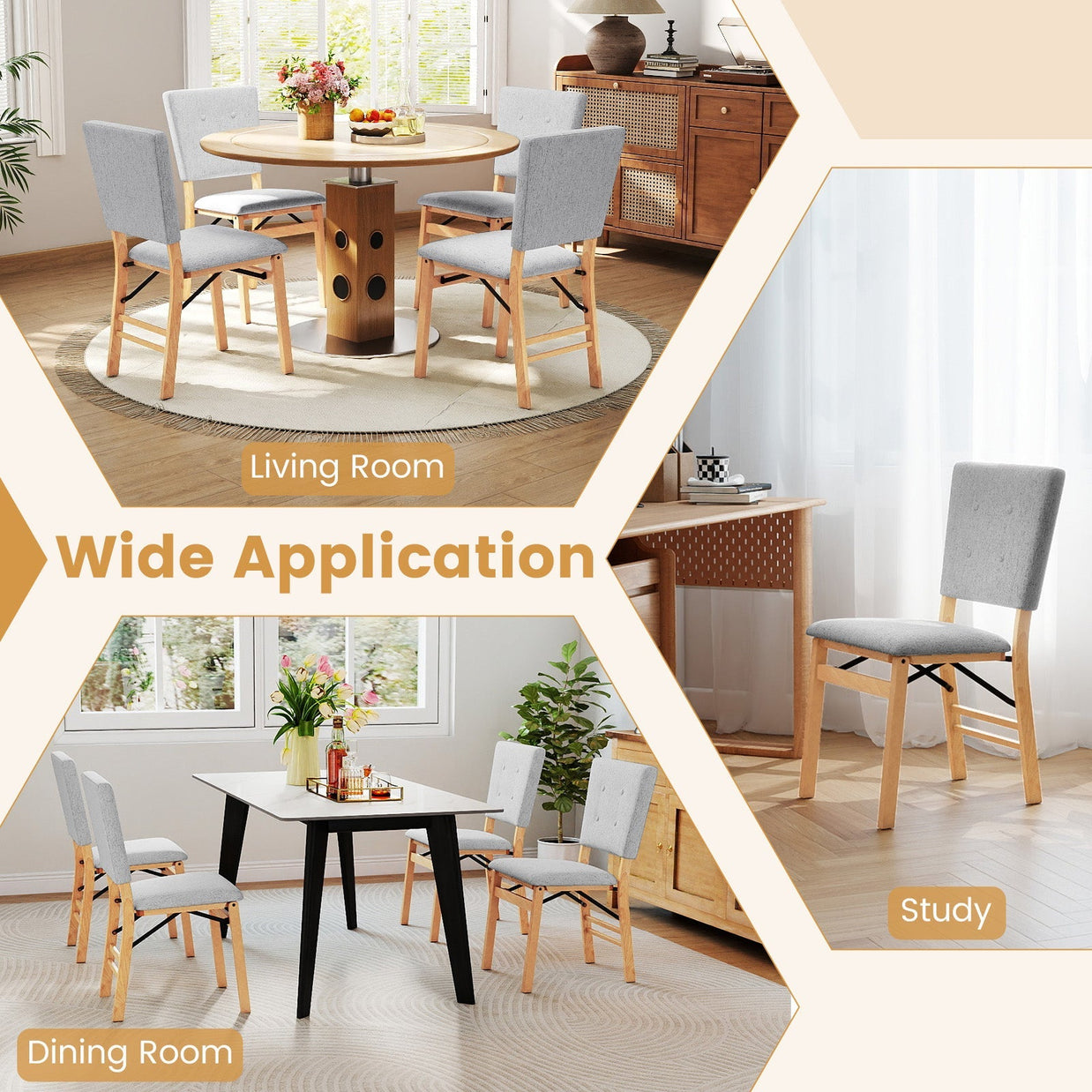 Foldable Dining Chair Set of 4 Armless Kitchen Chair with Padded Seat and Tilt Backrest