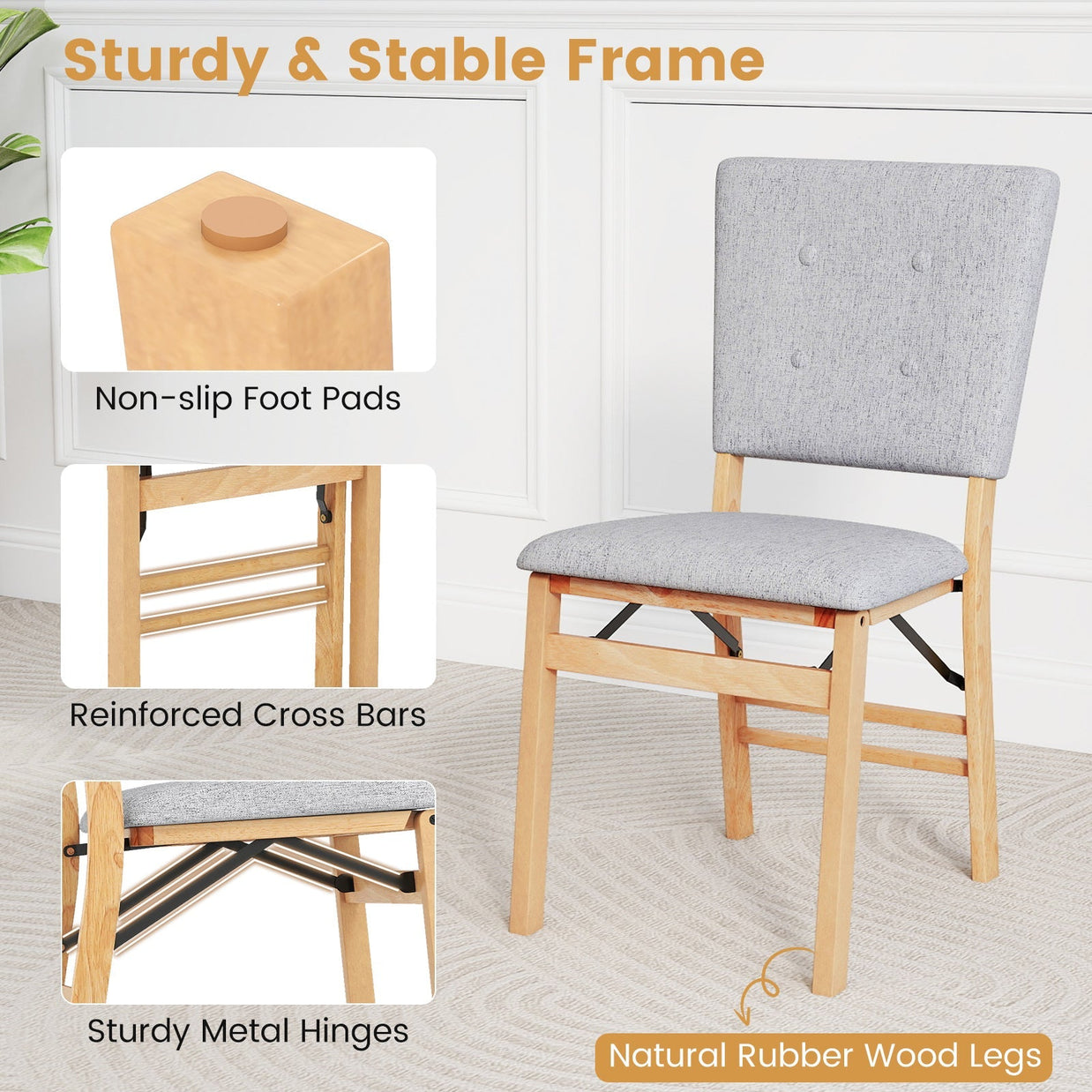 Foldable Dining Chair Set of 4 Armless Kitchen Chair with Padded Seat and Tilt Backrest