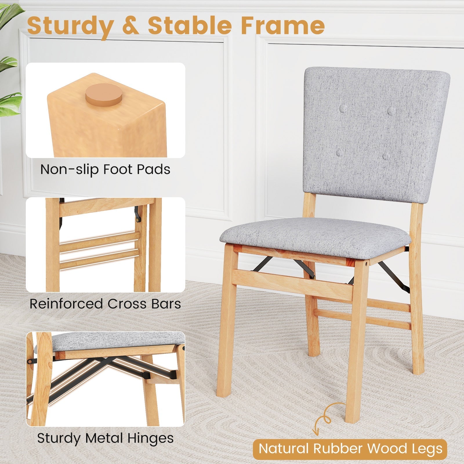 Foldable Dining Chair Set of 4 Armless Kitchen Chair with Padded Seat and Tilt Backrest