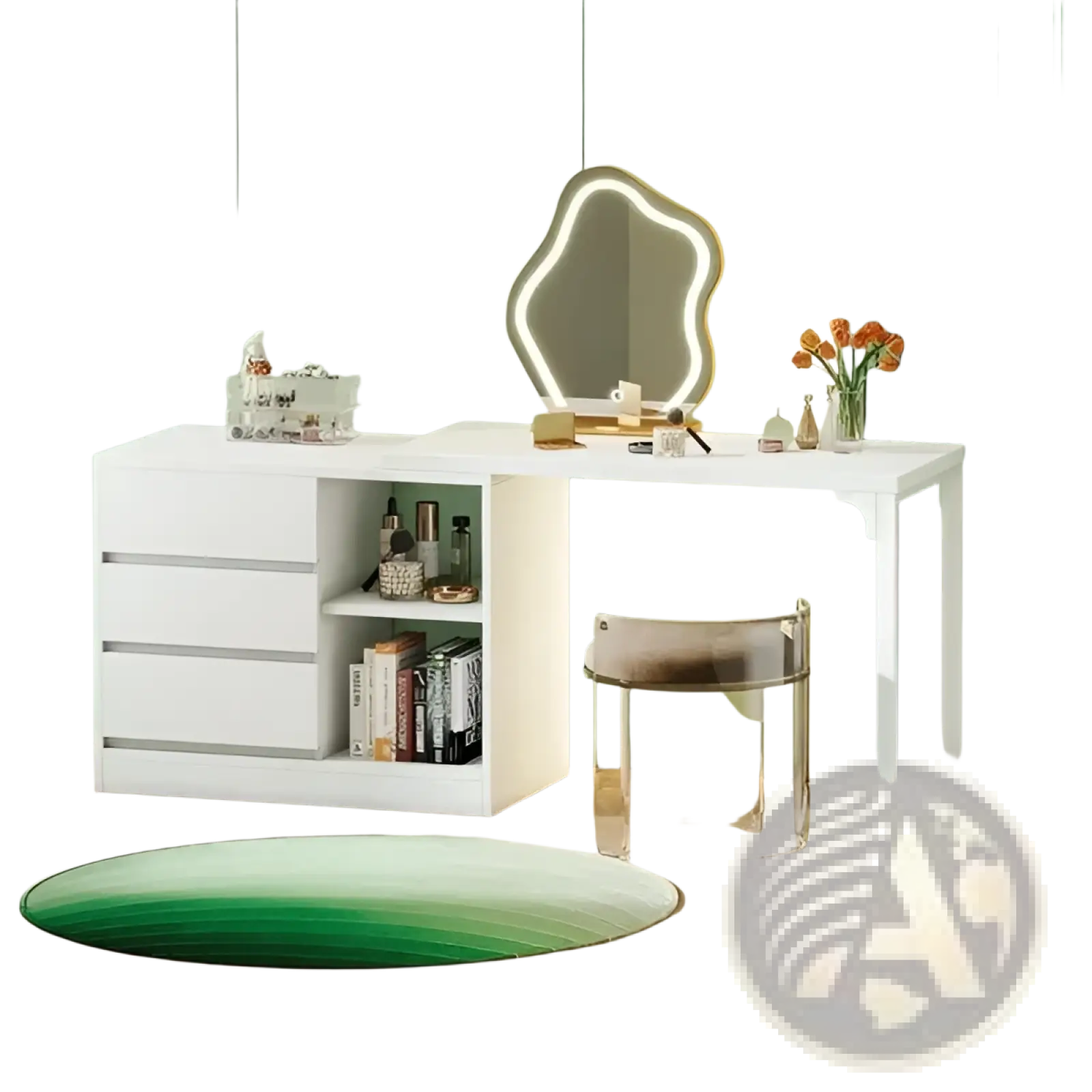 White Modern L-shaped Makeup Vanity with Lighted Mirror