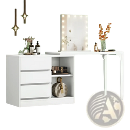 White Modern L-shaped Makeup Vanity with Lighted Mirror