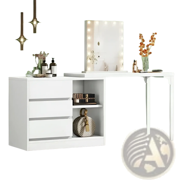 White Modern L-shaped Makeup Vanity with Lighted Mirror