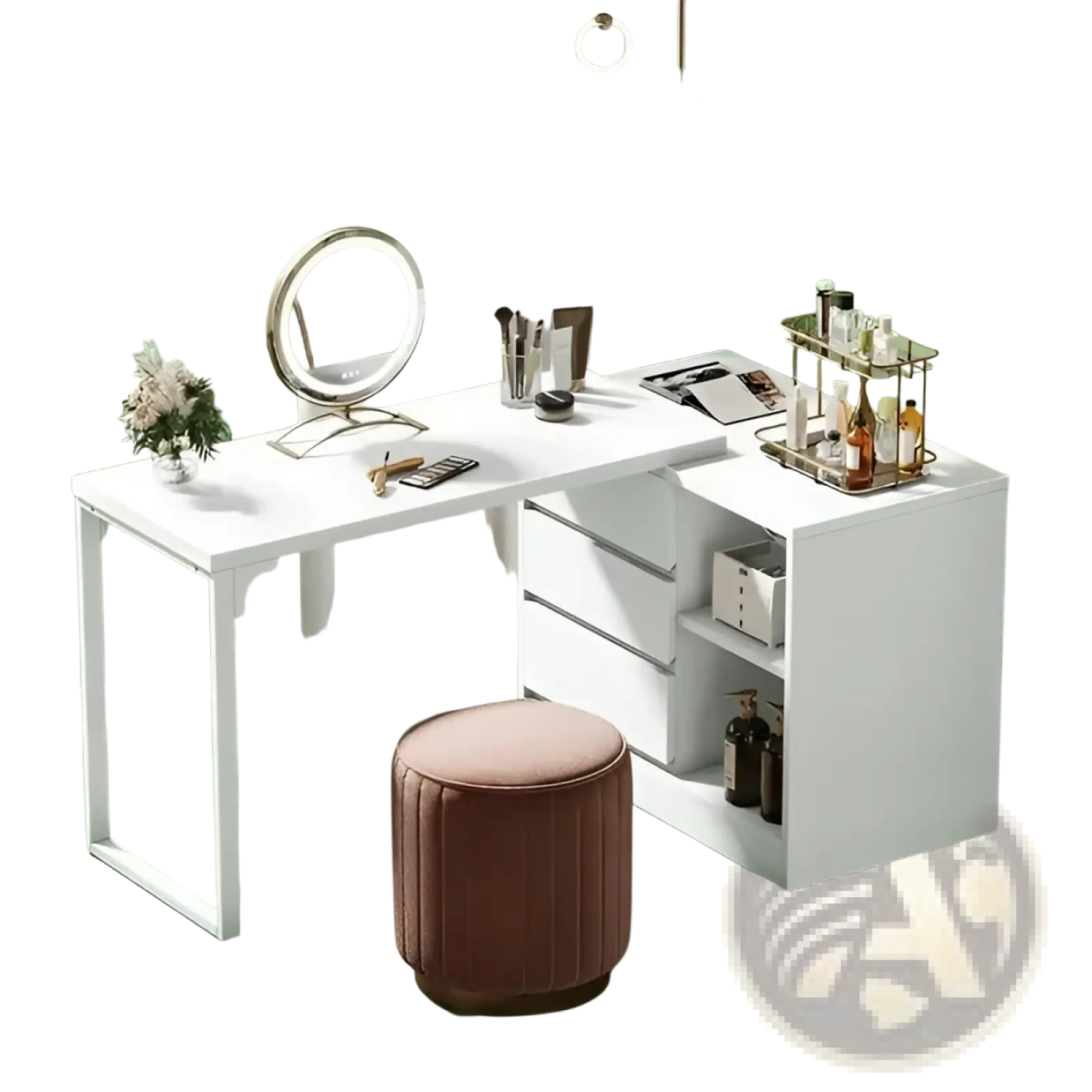 White Modern L-shaped Makeup Vanity with Lighted Mirror