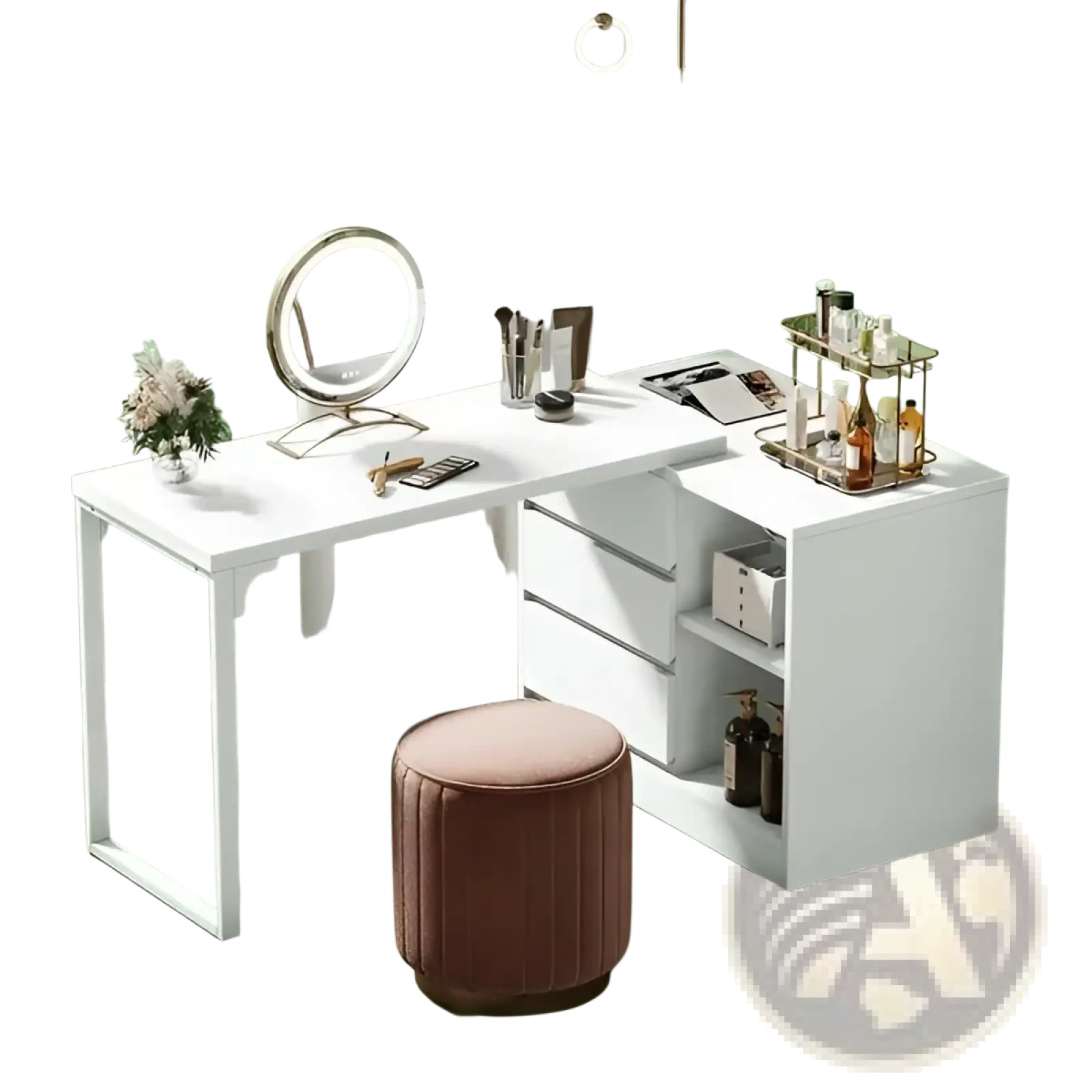 White Modern L-shaped Makeup Vanity with Lighted Mirror