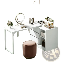 White Modern L-shaped Makeup Vanity with Lighted Mirror