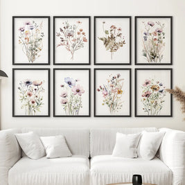 Watercolor Wildflower Gallery Wall. 8 Piece Botanical Print Set for Living Room